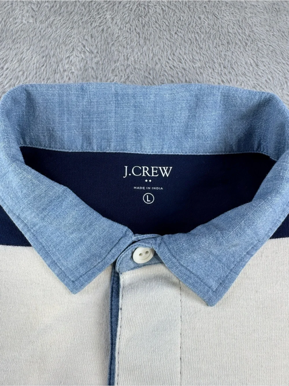 J.Crew Factory Mens L Rugby Shirt Navy Ivory Stripe Chambray Collar Preppy